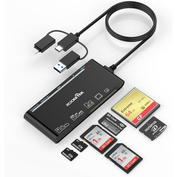 USB C Lightning USB3.0 Multi Card Reader for SD CF XD MS Micro SD TF, 7 in 1 Memory Card Reader Adapter Hub for iPhone/iPad/MacBook/Samsung, for Windows, Mac OS, iOS, Linux, Android