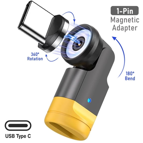 USB C Magnetic Adapter, 540° Rotation 90° Bend Connector, 1-Pin Type C Right Angle Plug with LED Display for Smartphone/Switch/Tablet