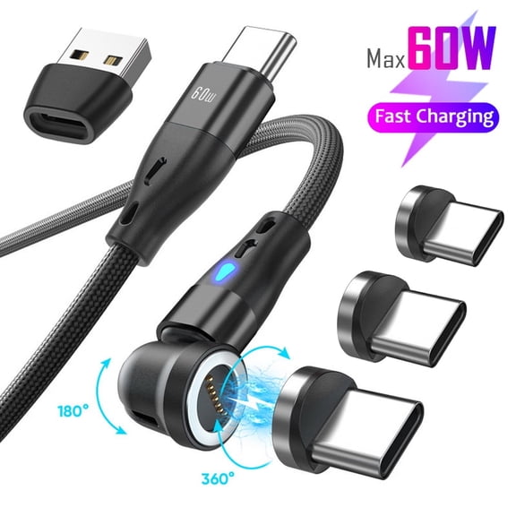 USB C Magnetic Charging Cable: 180° Bent Magnet Adapter, 360° Rotating Tips [3pcs], Nylon Braided Cord for Type C Devices | Free USB-C to USB-A converter(Black, 1M)