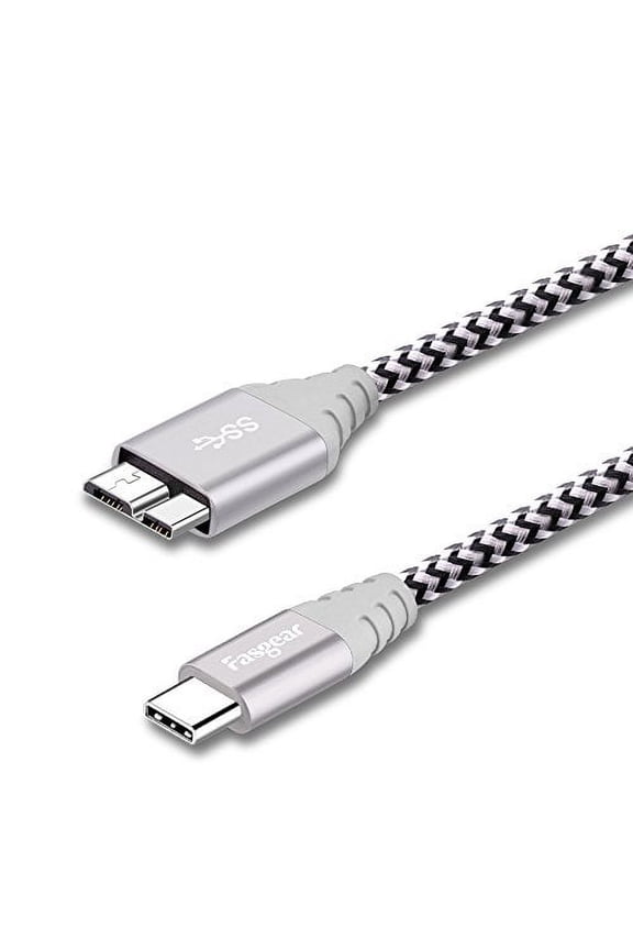 USB C to Micro B Cord, 1 Pack Fasgear Nylon Braided Metal Connector Type C 3.0 to Micro B Cable 1ft, Fast Charge Sync Compatible with Toshiba Canvio, Westgate, Seagate, Galaxy S5 Note 3 (Gray)