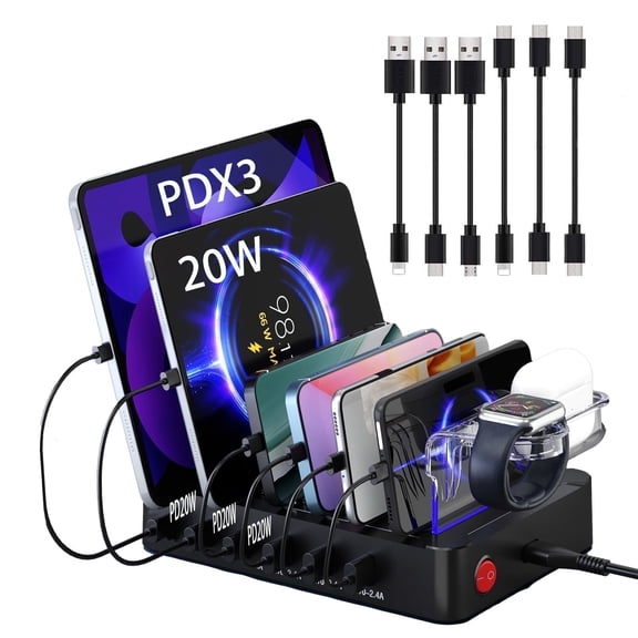 USB C Multi Dock 6 Ports PD 96W Smart Fast Charging Dock Station 3X PD 20W USB C Charging Port, Compatible with Phones, lPads, Watches, Tablets, and Multiple Devices (6 cables included)