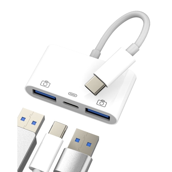 USB-C OTG Cable Charger Adapter(3in1) Type C to Dual USB Dongle Charging Converter for iPhone 15 Pro Max for iPad
