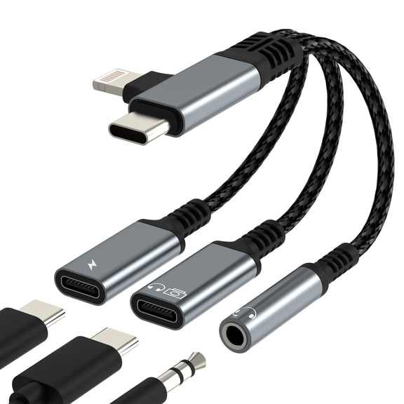 USB C OTG Data Lightning to 3.5mm Jack Adapter (3 in 2) Headphone Aux Audio Splitter for Apple Dongle Charger Type C for iPhone 17 16 15 14 for iPad Dual Charging Car auxiliary compatible for Samsung
