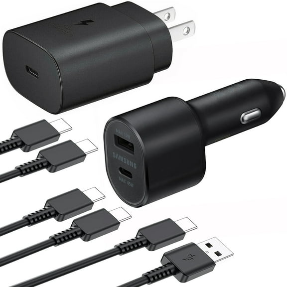 USB-C PD Fast Wall Charger 25W Power Adapter Plug + Dual USB Fast Car Charger + USB-C Type C Charging Cable Cord Compatible with Samsung Galaxy S20 S21 S22 S23 S24 Ultra and iPhone 15 models, Black