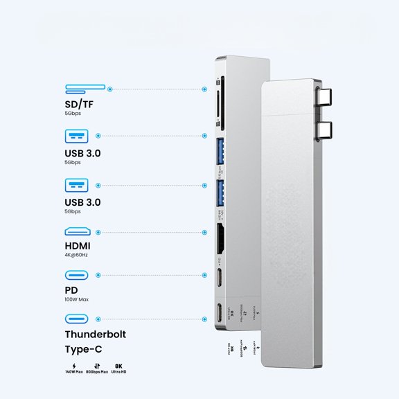 USB C Plug-in Hub 6 in 2 80Gbps 8K Dock Station for Type-C Laptop USB 3.0 HUB Video Output 4K60Hz for Win Laptop