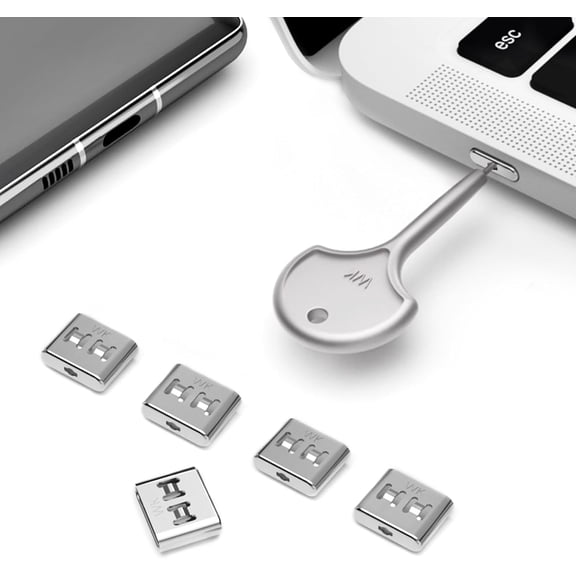 USB-C Port Blocker with Key, Stainless Steel Type-C Locks Prevent Unauthorized Charging and Data Theft, Tamper Resistant Security for Laptops, Desktops, Workstations (5-Pack)