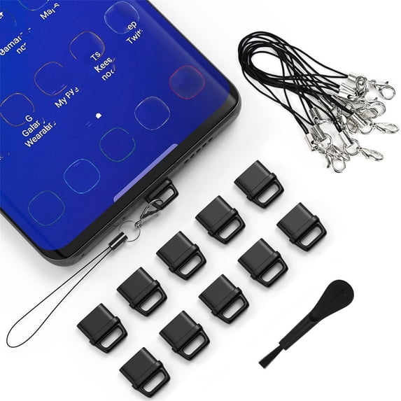 USB-C Port Plug Cover Set - 10 Dust Plugs with Lanyards & Cleaning Brush - Charging Port Protector for Android Phones & Tablets