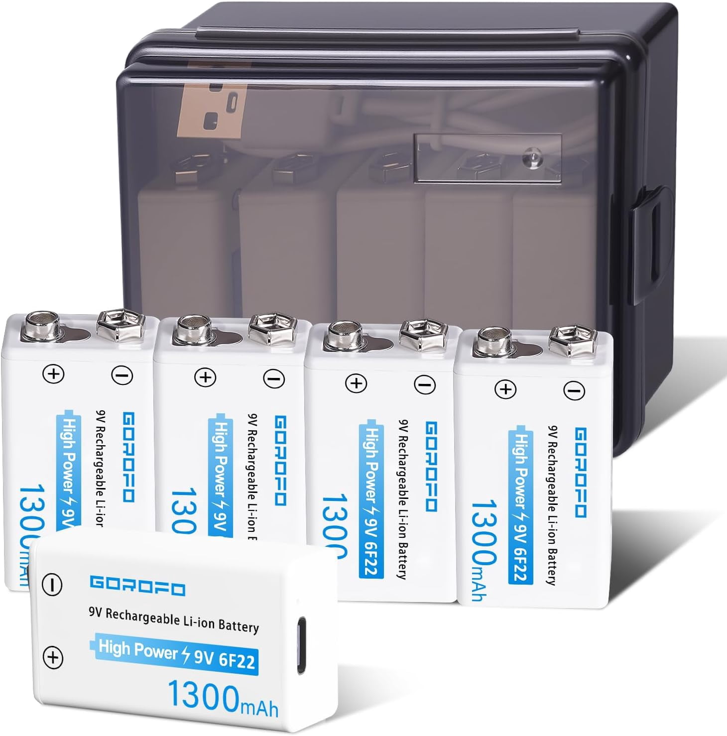 USB-C Rechargeable 9V Li-ion Batteries (5-Pack) - 2-Hour Quick Charge for Smoke Detectors, Guitar Pedals, Multimeters Includes 2-in-1 Charging Cable