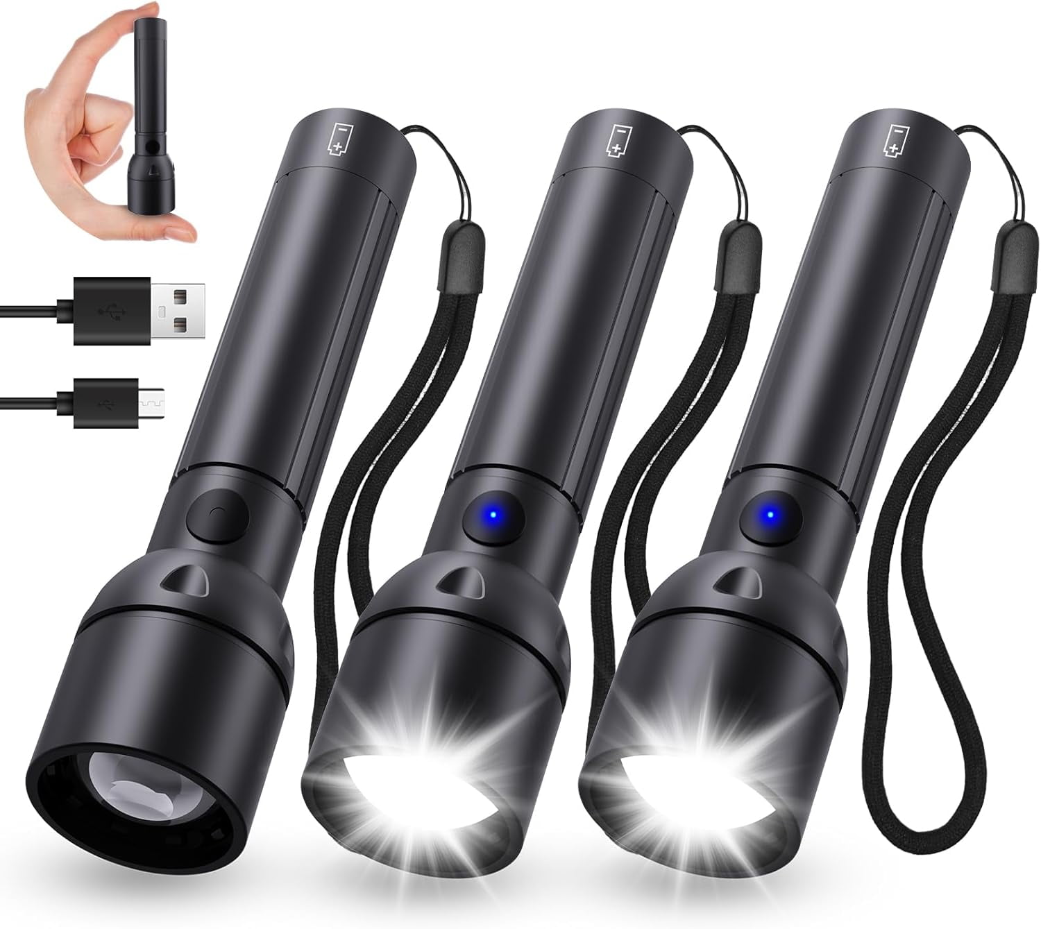 USB C Rechargeable Flashlight 1000 Lumens, 3 Pack Zoomable LED Flashlights with 5 Modes, 12H Runtime, for Home Emergency, Camping, Hiking, Car Repair