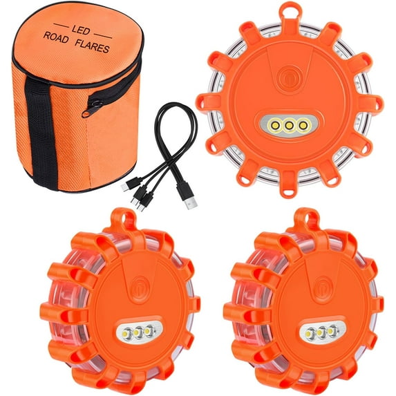 USB C Rechargeable LED Road Flares Emergency Lights Roadside Warning Car Traffic Safety Beacon Flashing Disc Flare Kit Strobe with Magnetic Base for Construction Vehicles Truck Boat, 3 Pack