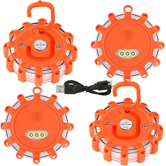 USB-C Rechargeable LED Road Flares Roadside Emergency Light, Safety Warning Flashing Flare Beacon Disc Strobe Traffic with Magnetic Base for Construction Vehicles Truck Boat(Amber,4 Pack)