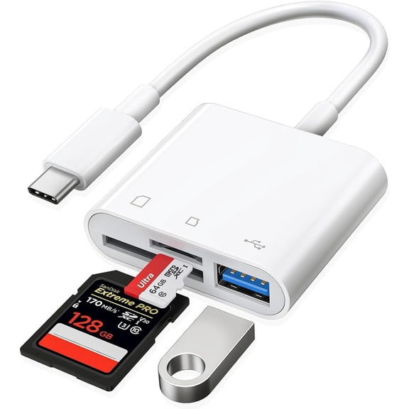 USB C to SD Card Reader, SD Card Adapter with SD MicroSD USB 3 Ports, USBC Memory Card Reader for iPhone 15 16 17, iPad, Mac, MacBook Pro/Air, Android and More USB-C/Type C Devices