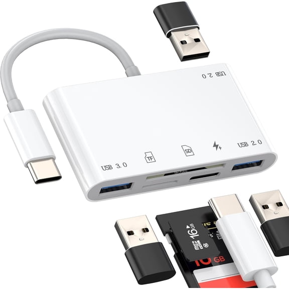 for USB C to SD Card Reader for iPhone 17 16 15 Pro Max (6in1) Digital Camera Micro SD Memory Stick Adapter USB OTG TF Hub Computer Accessories Compact for Ipad Splitter Charger Port Converter