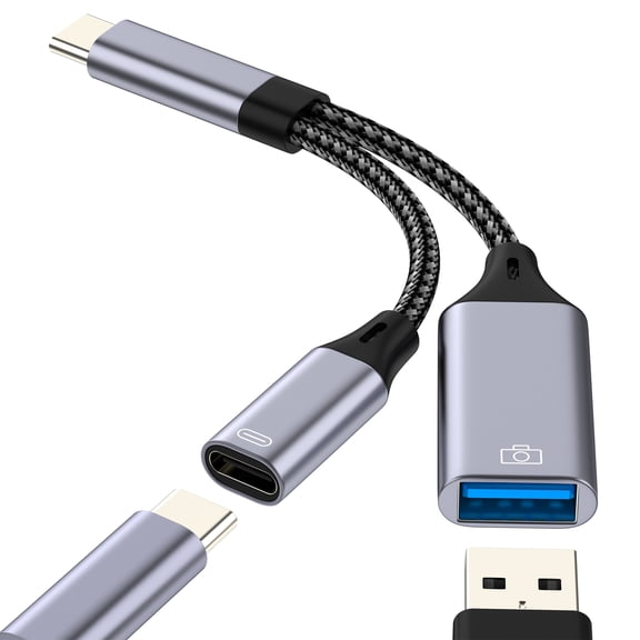 USB-C Splitter OTG Adapter USB Cable for iPhone 17 16 15 Pro Max Compatible with Samsung Digital Camera Type-C Charging Converter to Charger for Apple Data Transfer Connector for iPad Dual Power Port