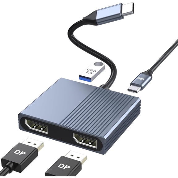 USB-C To Dual DisplayPort Adapter with USB 3.0/PD  4-in-1 4K@60Hz DisplayPort Splitter for Dual Monitors (Supports SST/MST Modes)