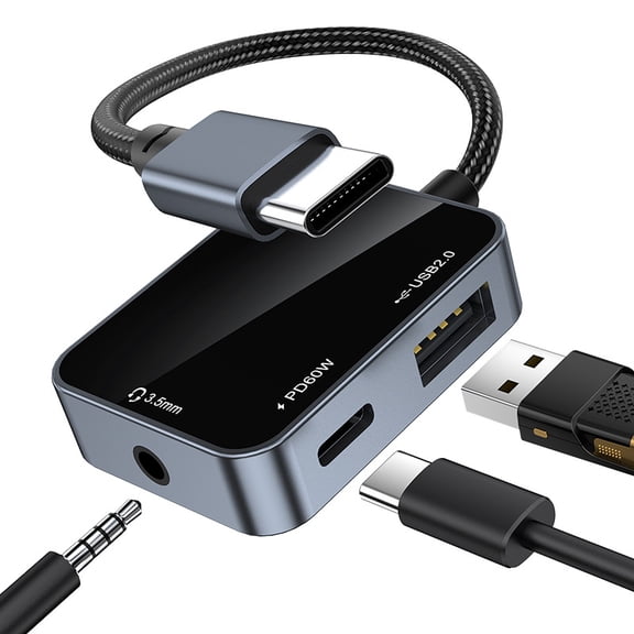USB C to USB Adapter with 3.5mm Headphone Jack, 3 in 1 USB OTG Data Port Splitter and 60W PD Fast Charging Compatible with iPhone 17/16/15, Samsung Galaxy, iPad, Laptops