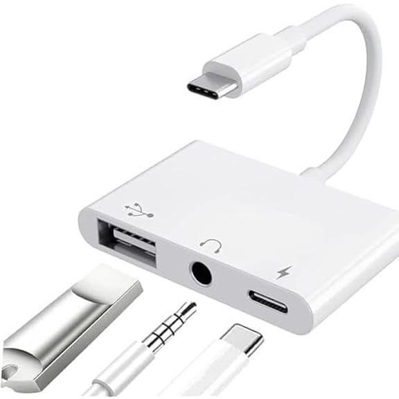 USB C to USB Adapter for MacBook, 3-in-1 USB C to USB-A OTG Splitter with 3.5mm Audio Jack and PD Fast Charging Port Compatible with iPhone 15, iPad Pro, Samsung Galaxy S23
