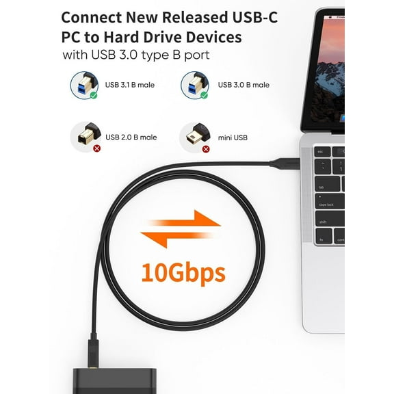 USB C to USB B 3.1 Cable 3FT 10Gbps USB Type B to USB C Cable for Thunderbolt 3 Host MacBook Pro Air External Hard Drive Docking Station Scanner Black 1M
