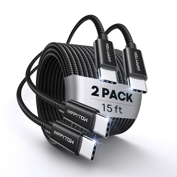 USB C to USB C Cable 15ft 2-Pack, 60W Fast Charging Long Type C Cable, Nylon Braided USB-C Charger Cord for iPhone 17 Pro/Max, 16 Pro Max, MacBook Pro, iPad Pro, Galaxy S25, Pixel 8 (PD Compatible)