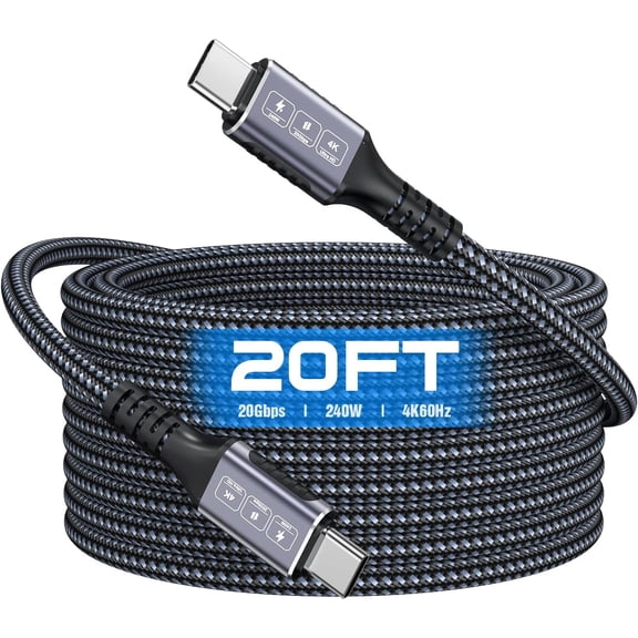 USB C to USB C Cable 20Ft, 20Gbps Data Transfer, 240W PD Fast Charging, 4K@60Hz Video Support, Durable Braided Nylon, Type C Compatible for iPhone 17, MacBook Pro Air, Portable Monitor