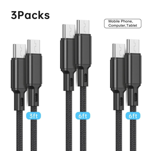Cshidworld USB C to USB C Cable [3/6/6 ft, 3-Pack], Type C Charger Cord,Compatible iPhone 15 Samsung Galaxy S22 S21 S20 Ultra 5G Note 20/10, Pixel 7 6 Pro 5 4 3 2 XL & USB-C Laptop Tablet,Black