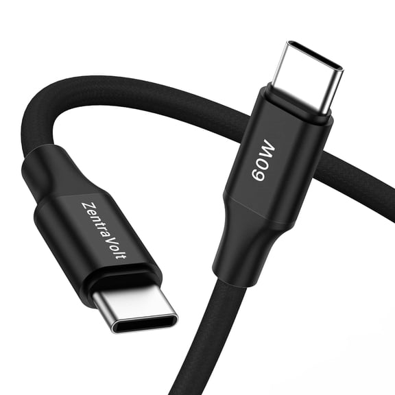 ZentraVolt USB-C to USB-C Cable 6.6 ft, 60W Fast Charging & Data Transfer, Durable Tangle-Free Charging Cable for Phones, Tablets & Laptops