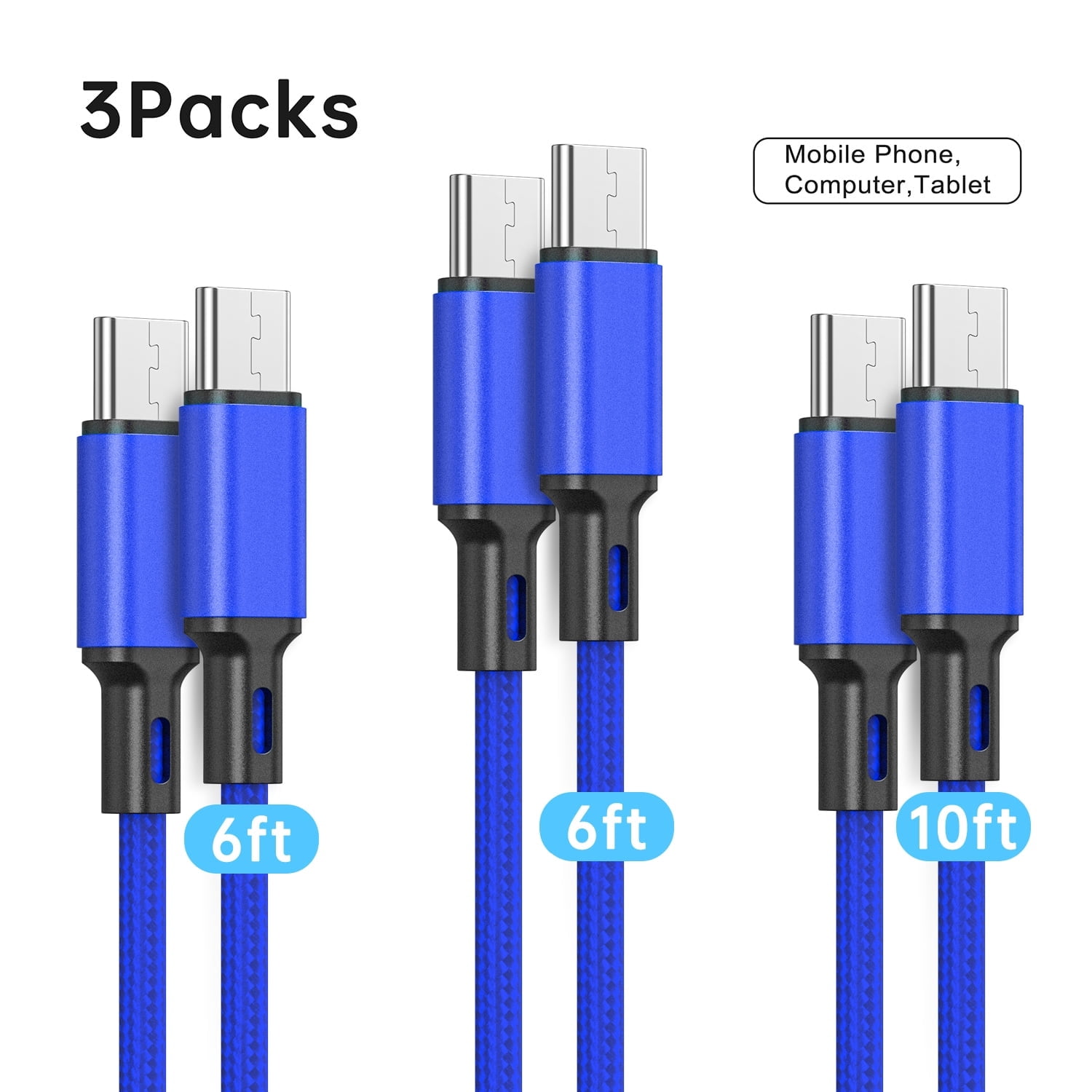 Cshidworld USB C to USB C Cable Fast Charging, 3 Pack [6+6+10ft] Type C to Type C Charger Cord Compatible for Samsung S23, Note 20 Ultra, MacBook Pro, iPad Pro/ Air, iPhone 15, Google Pixe,Blue