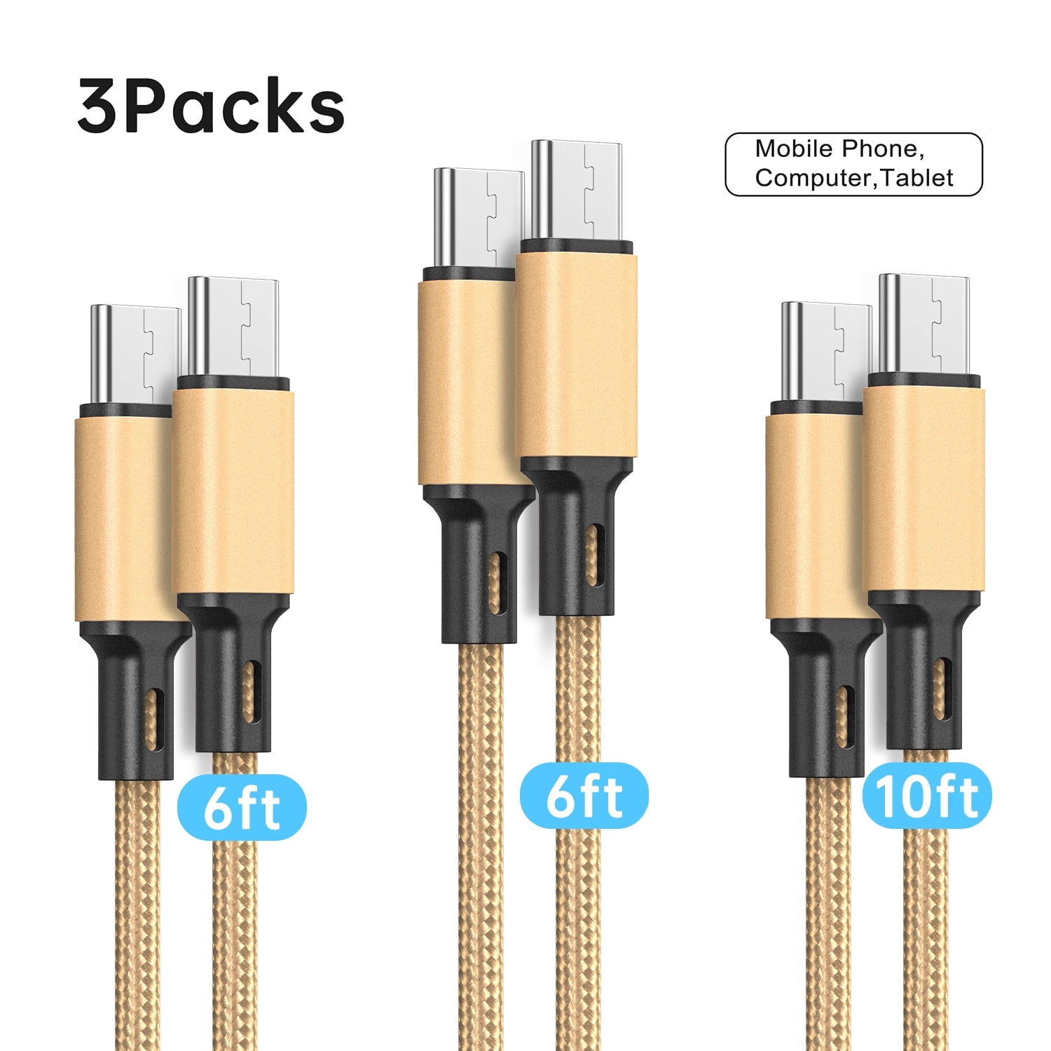 Cshidworld USB C to USB C Charge Cords, 3 Pack [6/6/10] Type C to Type C Charger Braided Cord Compatible for Samsung S23, Note 20 Ultra, MacBook Pro, iPad Pro/ Air, iPhone 15, Google Pixe, Golden