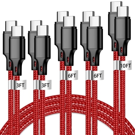 USB C to USB C Charger Cable, 5 Pack [3/3/6/6/10ft] Type C Fast Charging Cord High Data & Transfer Wire Compatible for iPhone 17/16/15 Plus/Pro Max iPad Ps5 Controller Samsung Galaxy(Red)