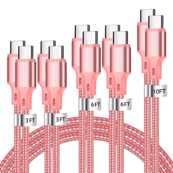 USB C to USB C Charger Cable, 5 Pack [3/3/6/6/10ft] Type C Fast Charging Cord Wire Compatible for iPhone 17/16/15 Plus/Pro Max iPad Ps5 Controller Samsung Galaxy(Pink)