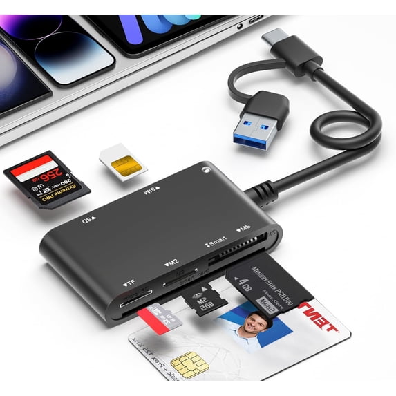 USB C/USB SIM Card Adapter for iPhone - 7 in 2 CAC Reader Military Smart & SD/TF/M2/ID/IC/SIM/PIV/Ms Pro Duo 17/16/15/iPad/PC/Laptop/Windows/Linux Plug and Play