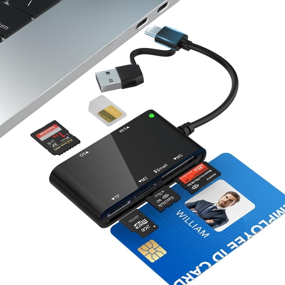 USB C/USB A SIM Card Reader- 7 in 2 CAC Smart Reader Military, MS Duo/SD/TF/M2/ID/IC/PIV/Sim Adapter, for iPhone 17/16/15/iPad/PC/Laptop/Windows/Linux
