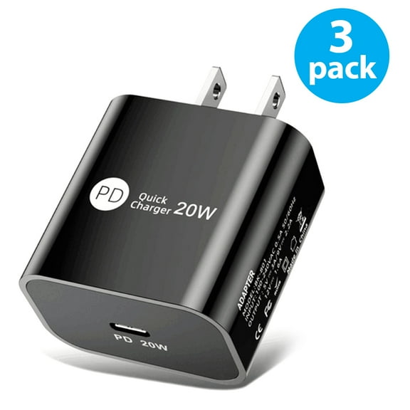 USB C Wall Charger, 3-Pack 20W Fast Charger, USB C Charger, Fast Charging Block Comaptible for iPhone 13/13 Mini/13 Pro/13 Pro Max/12, Galaxy, Pixel 4/3, iPad/iPad Mini (Black)