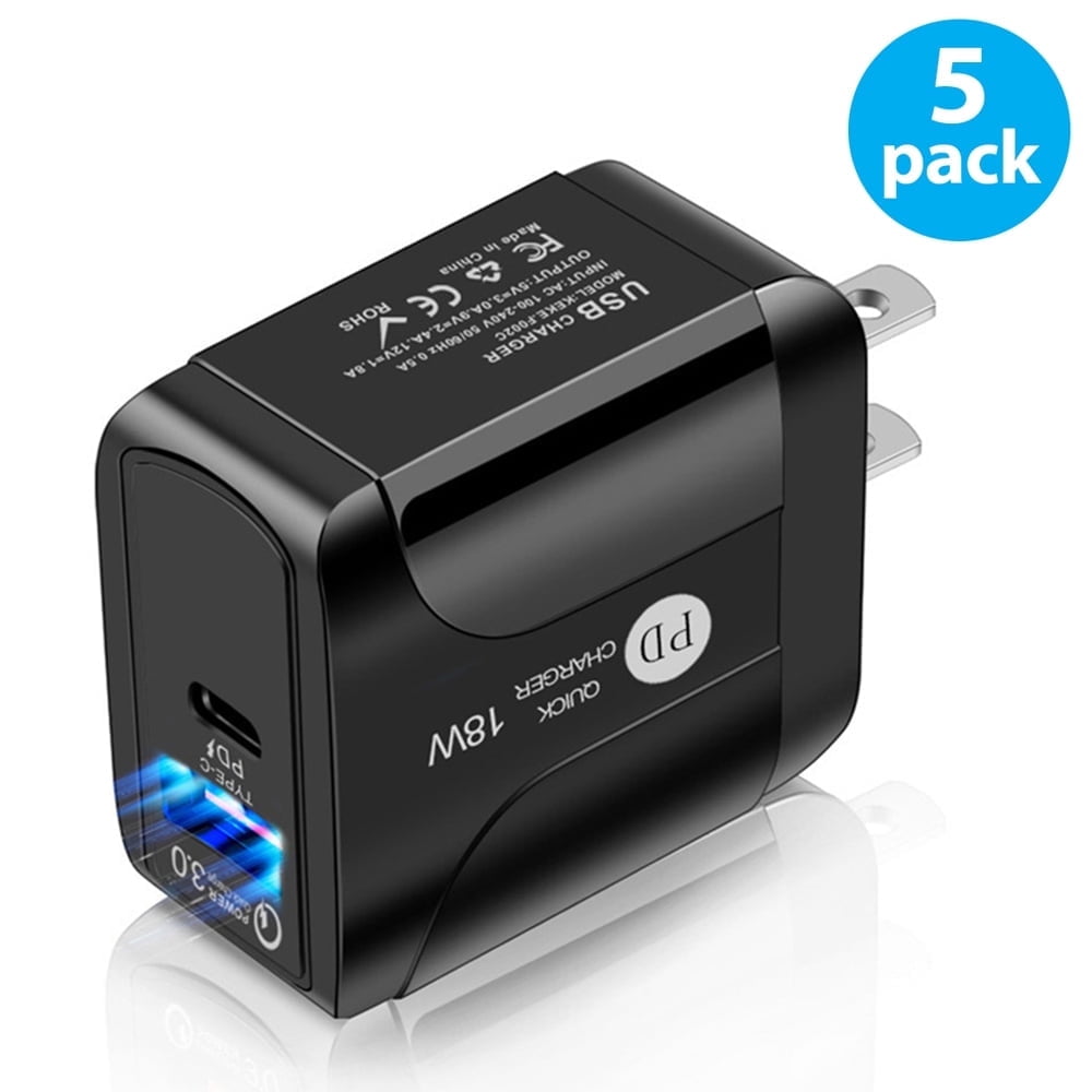 USB C Wall Charger, 5-Pack 20W PD Dual Port USB-C Charger Block Type C Fast Plug Power Adapter Compatible with iPhone 14/13/12iPad/iPad Mini, Samsung Galaxy S23/S22/S21, and More (Black)