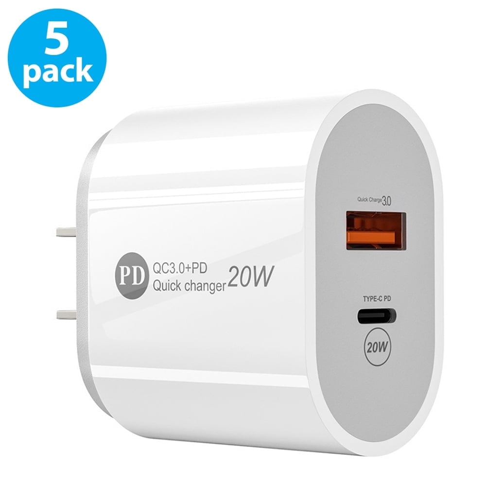 USB C Wall Charger, 5 Pack Dual Port 20W PD 3.0 Type C Fast Charging Block, Durable Compact Power Adapter for iPhone 11/12/13/14 /Pro Max, XS/XR/X, iPad Pro, AirPods Pro, Samsung Galaxy (Black)
