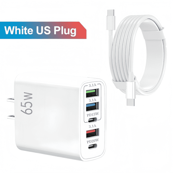 USB C Wall Charger,65W Fast Charger,2 Pcs(1 Charger Block + 1 USB-C 3.28 Ft Charger Cable),5 Port Power Travel Adapter,Suitable for Multi-model Mobile Phones Devices