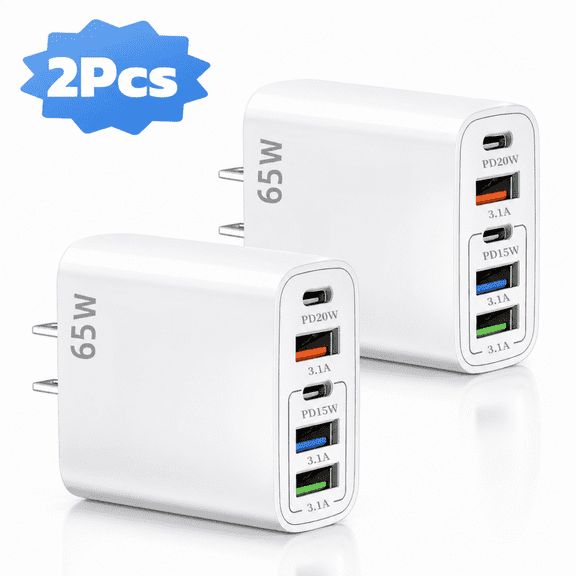 QINIUXO USB C Charger Block, Fast Wall Charger, 5-Port Phone Charger with Type C Fast Charging, Compatible with Phones, Tablets & More, Home, Office & Travel Use, White (2-Pack)