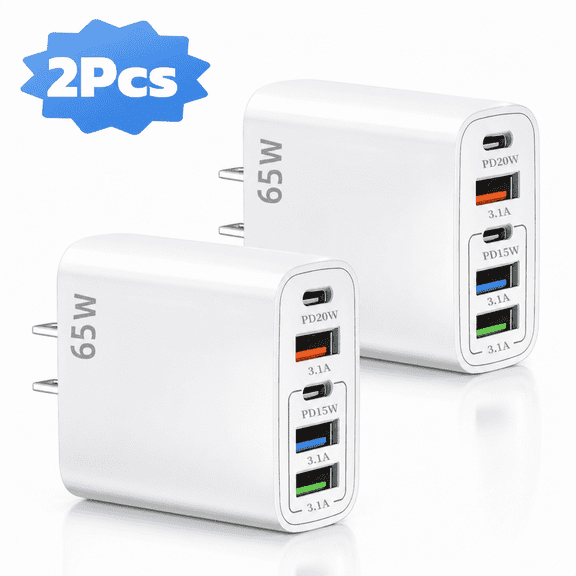 QINIUXO USB C Charger Block, Fast Wall Charger, 5-Port Phone Charger with Type C Fast Charging, Compatible with Phones, Tablets & More, Home, Office & Travel Use, White (2-Pack)