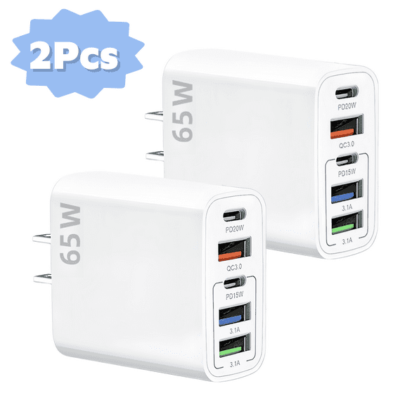 USB C Wall Charger,65W Fast Charger 2 Pcs,6 Port Power Travel Adapter,Suitable for Multi-model Mobile Phones,Tablets,Computers