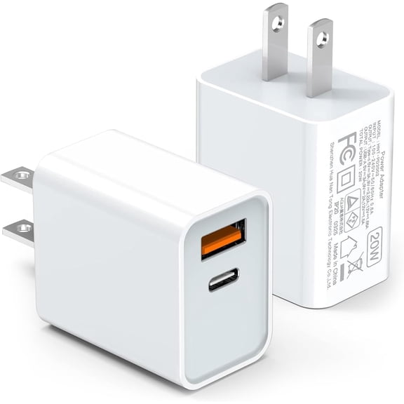 USB C Wall Charger Block 20W, 2-Pack Dual Port PD Power Delivery Fast Type Charging Plug Compatible with iPhone 11/12/13/14/15/16/17 Pro Max, XS/XR/X, Ipad Pro, Galaxy