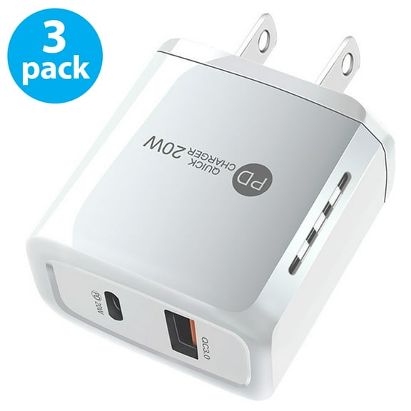 USB C Wall Charger Block 20W, 3-Pack Dual Port PD Power Delivery Fast Type C Charging Block Plug Adapter for iPhone 11/12/13/14/Pro Max, XS/XR/X, iPad Pro, AirPods Pro, Samsung Galaxy and More(White)