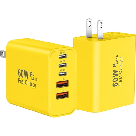 USB C  Wall Charger Block, 2Pack 60W USBC  Cubes, 5-Port PD+QC Power Adapter Multiport Brick Type C Box Plug for Phone 16/15/14/13/12/11/Pro Max/Plus, Pad Mini/Pro/S25/S24-Yellow