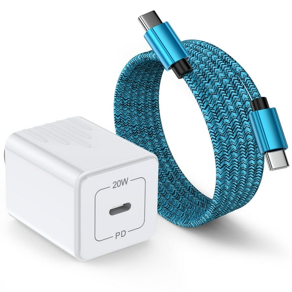 USB C Wall Charger Fast charging 20W Charger Adapter USB C to USB C Fast Charger Cable, 6ft Compatible with iPhone 15, Sumsung Galaxy, Android, Blue