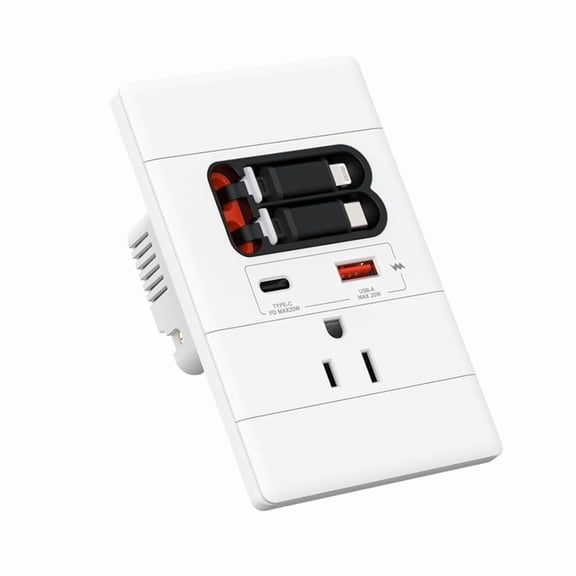 USB C Wall Outlet with GaN PD20W USB-C&USB-A&Retractable USB C/ Cables,Tamper-,15A 125V