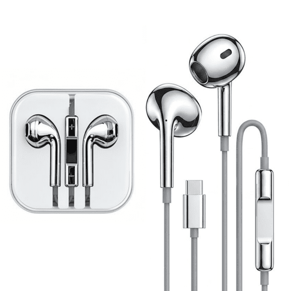 USB C Wired Earbuds, Silver Chrome Type C Headphones with Mic, Plug and Play In-Ear Earphones for iPhone 15 16 Samsung Galaxy iPad, Travel Work
