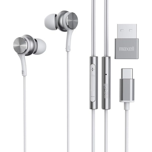USB-C Wired Earbuds with USB-A Adapter, Built-in Microphone with Volume and Track Control, Compatible with All Devices with a USB-C and/or USB-A Port, Immersive Digital Chipset, White, 197293