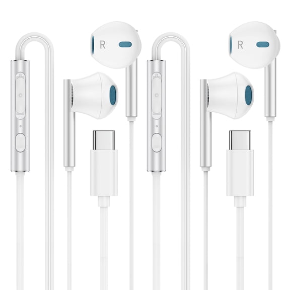 USB C Wired Headphones 2 Pack, FiveBox Type C Earphones with Mic & Remote Control, in-Ear Earbuds Bass Stereo Noise Cancelling Headphone Compatible for iPhone, Samsung, Pixel, White
