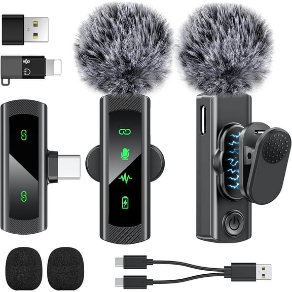 USB C Wireless Lavalier Microphone for iPhone 15 16, Mini LED Display Microphone for Android with Noise Reduction, Lapel Magnetic Clip-on Mic for Recording Content Creator Vlog Tiktok YouTube