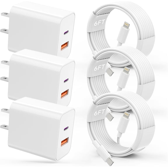 USB C fast Charger for iphone , 3Pack 20W PD+QC3.0 USB A Dual Port Wall Charger Block with 6FT USB C to L ightning Fast Charging Cable Compatible with iphone 14 Pro Max/13Pro/12/11/XS/XR/X