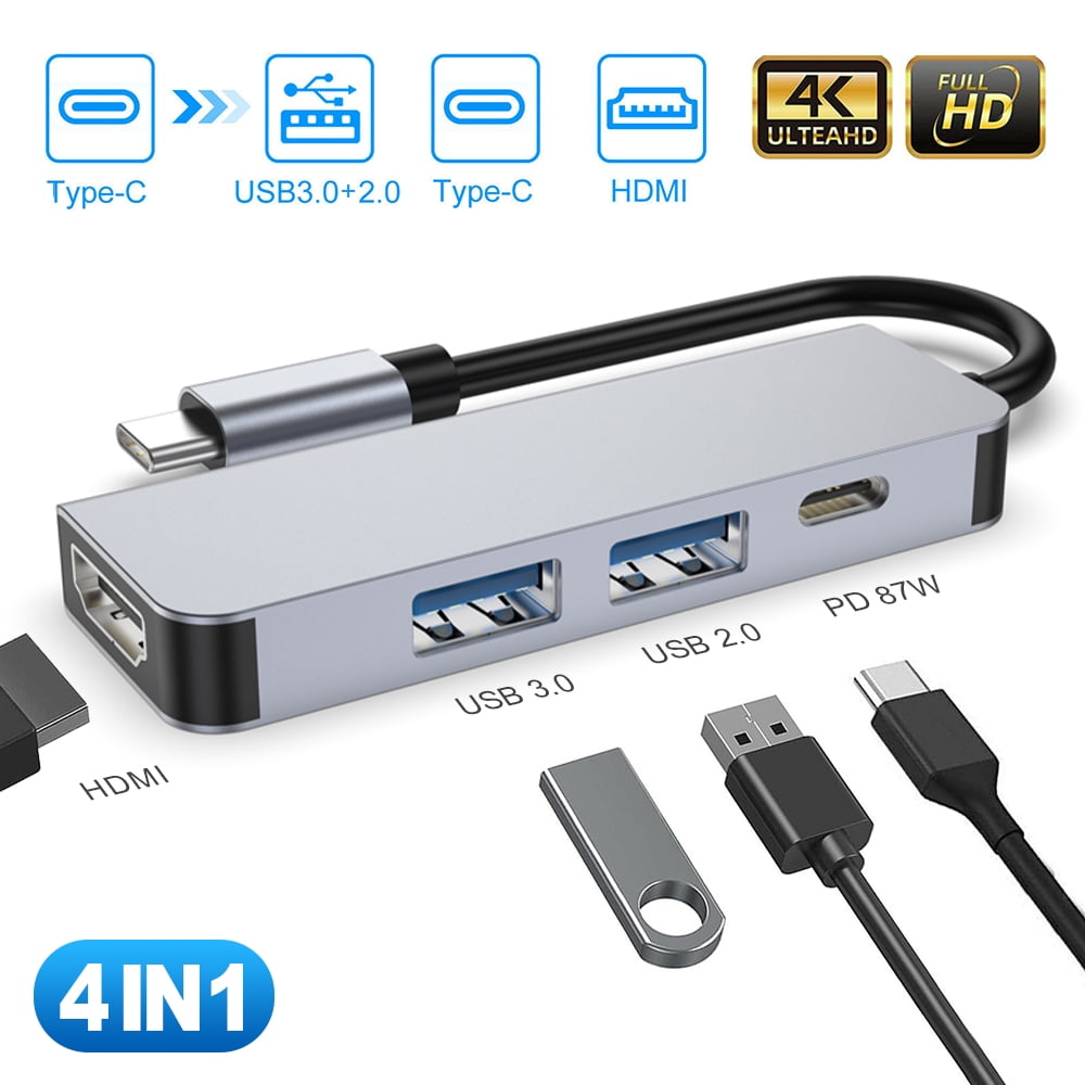 USB C hub, 4K USB C to HDMI, 2 USB C to USB 3.0 and FlashDrive, Type C Hub USB-C power adapter, suitable for Mac Book Pro, Chromebook, Deal XPS and Samsung Galaxy S8/S8+/S9/S9+/Note 8 (4 silver ports)